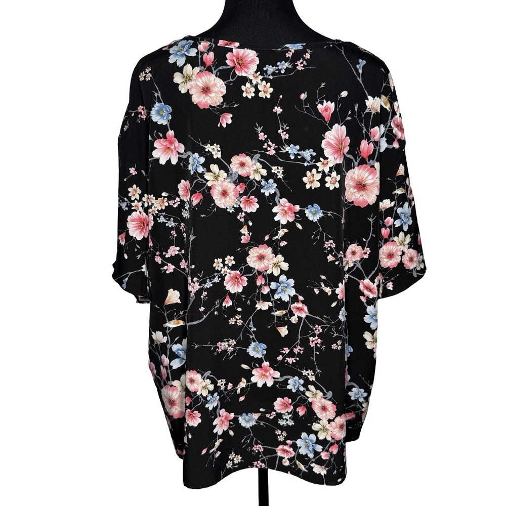 Womens 3X Black Floral Blouse Flowy Short Sleeve Pink Blue Romantic Boho Cottage - Picture 3 of 9